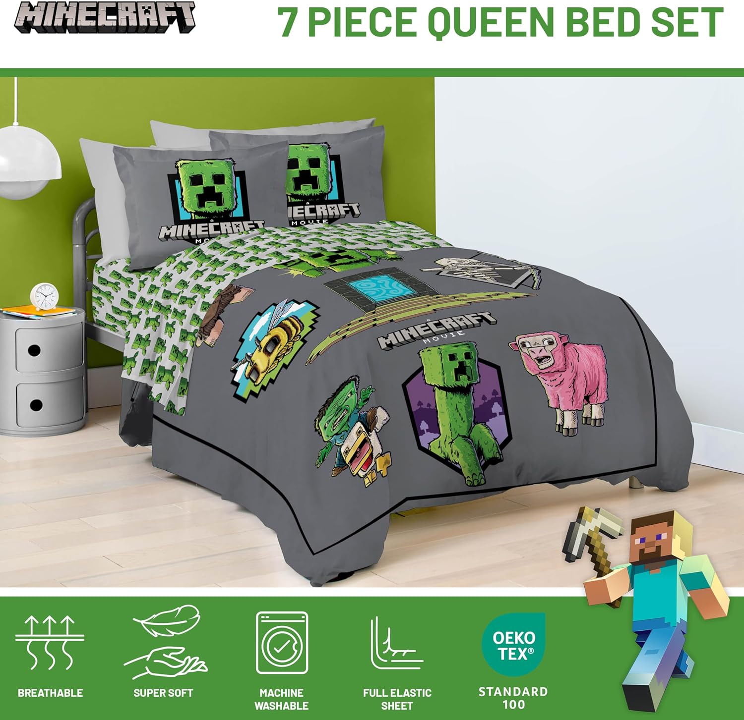 Jay Franco Kids Comforter Set Includes Sheets and Pillow Covers - Soft and Cozy Bed Set for Stylish Room Decor, Grey - Minecraft Movie, 7 Piece Queen Size Bedding