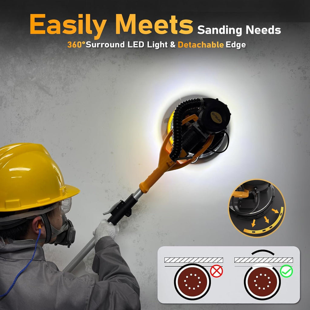 GEVEELIFE Drywall Sander, 880W 7.33A Electric Drywall Sander with Vacuum Dust Collector, 5 Variable Speed 1000-2100RPM, LED Light, Foldable & Extendable Handle, 12 Sanding Discs