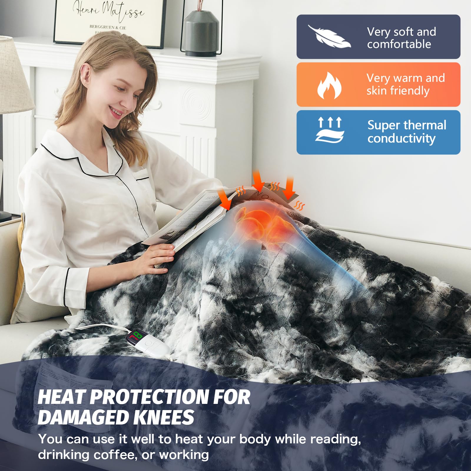 Manta Elétrica Aquecida OCTROT - Manta de Aquecimento em Sherpa de Lã para Sofá, Manta de Aquecimento de Pelo Sintético para Colo com Temporizador de 5 Posições e 10 Níveis de Aquecimento, Certificação ETL&FCC, para Adultos