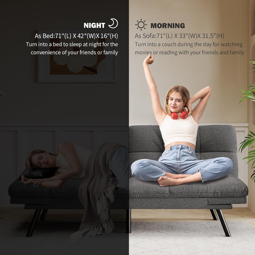 Convertible Futon Sofa Bed,71" Memory Foam Futon Couch,Detachable Cushion,Adjustable Backrest & Armrest,Linen Modern Loveseat Sleeper Recliner for Living Room,Office,Apartment,Medium Grey