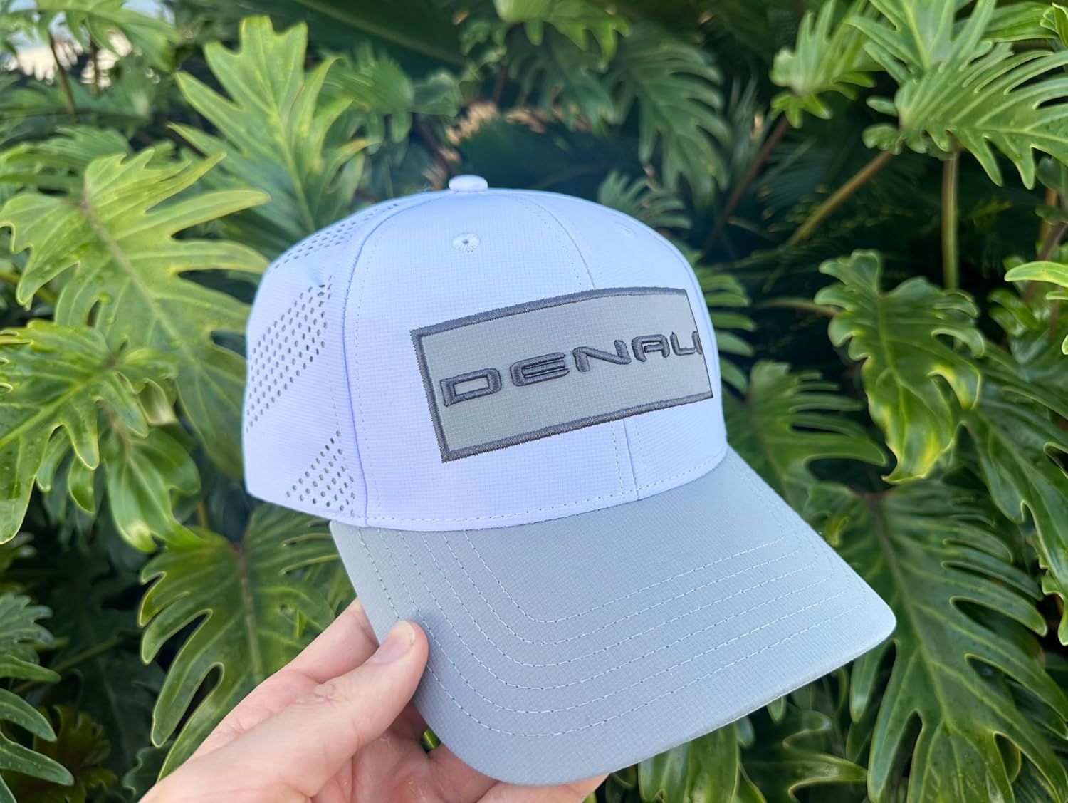 GMC Denali Hat - Perforated White Nylon Structured Cap with Gray Visor - 3D Embroidered Logo Hook and Loop Closure