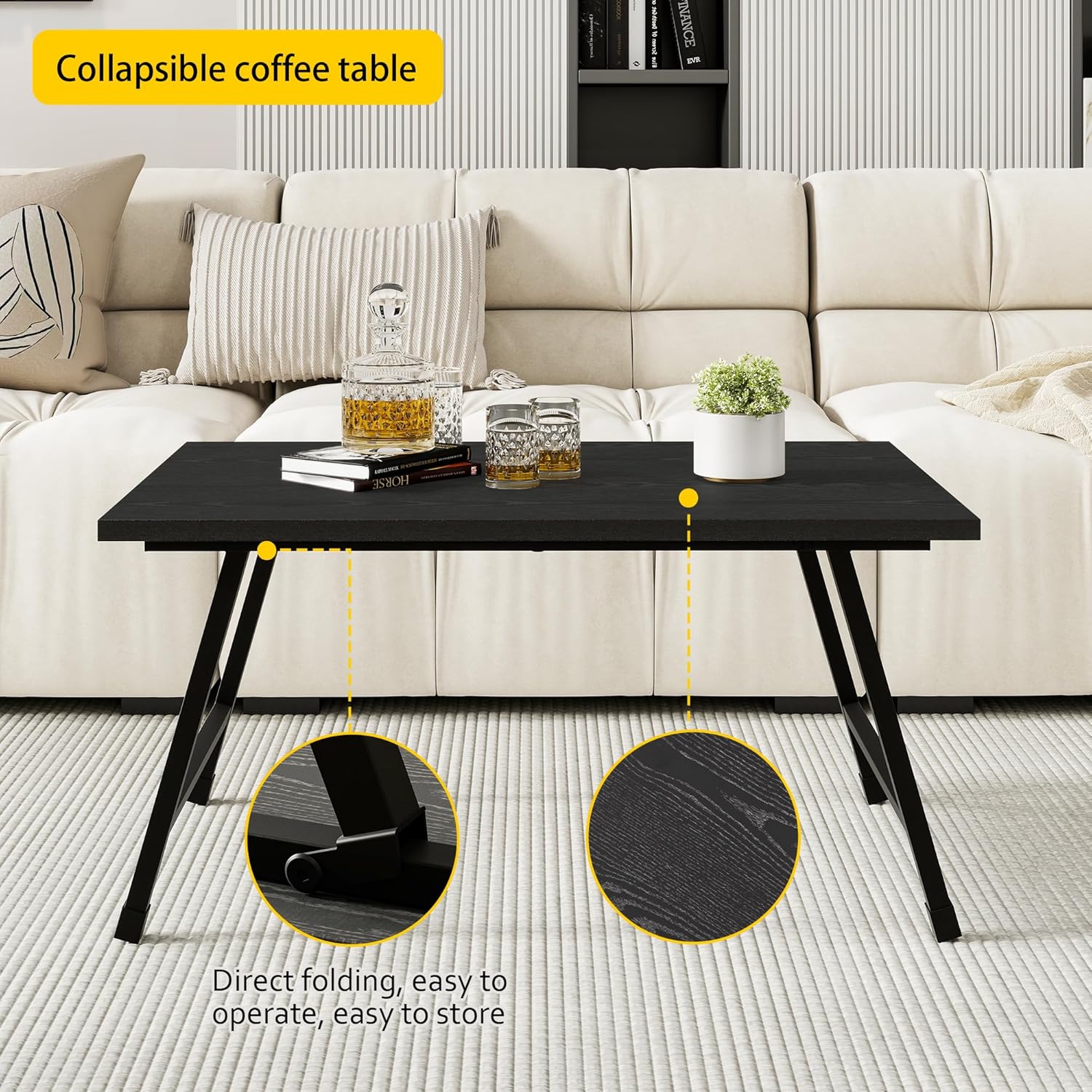 Rectangular Folding Coffee Table - Modern Space-Saving Foldable Coffee Table for Living Room, Durable and Lightweight Design, Easy to Assemble, Perfect for Small Spaces