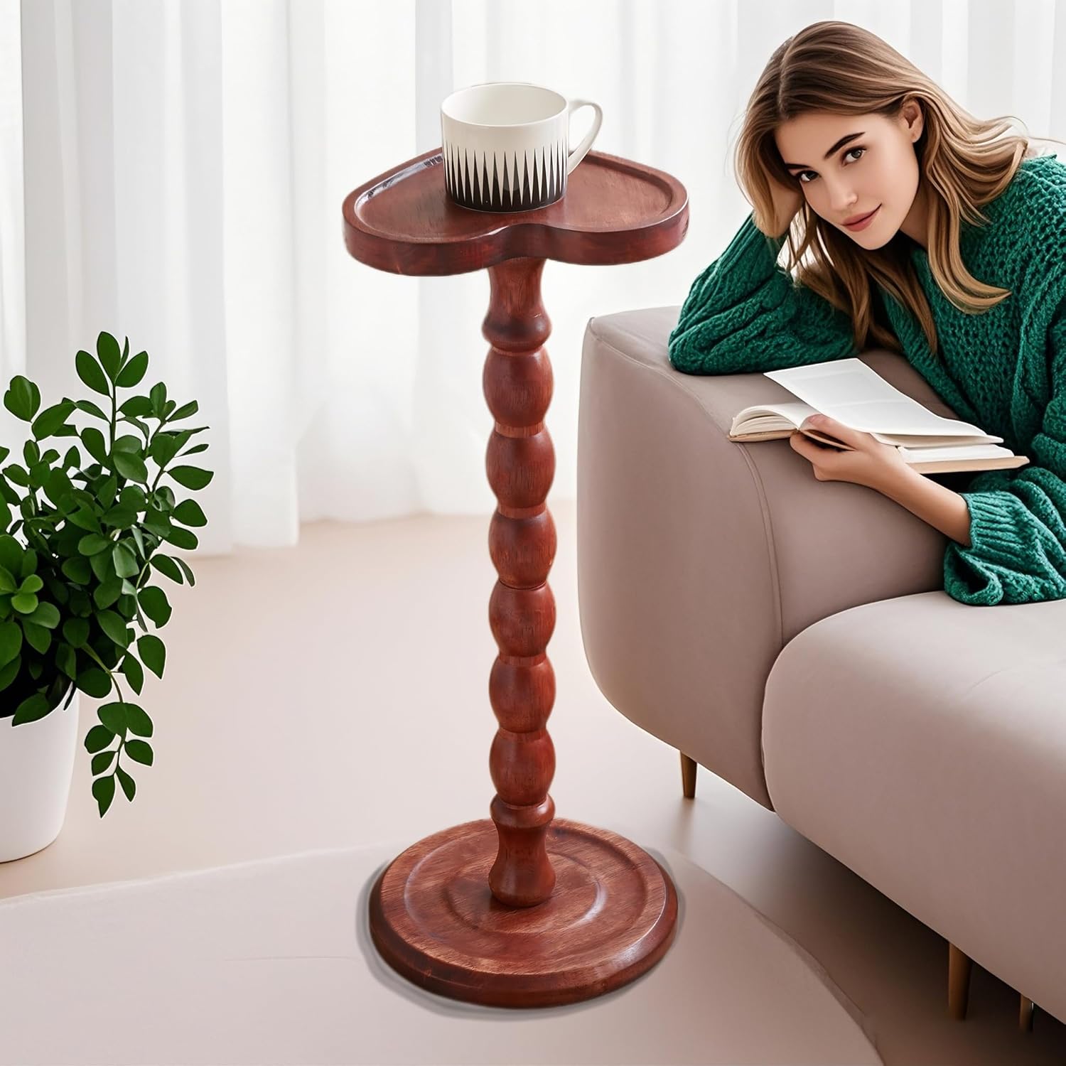 24" Tall Solid Wood Round Side Table – Coffee Table & Plant Stand 2-in-1 with Non-Slip Pads – Farmhouse Living Room/Patio Use (Red)