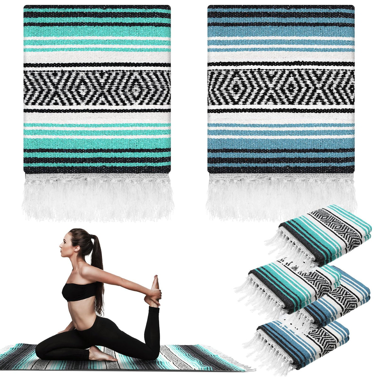 Preboun 4 Pcs Large Mexican Yoga Blanket Pack 45 x 70 Inch Thick Woven Camping Picnic Beach Car Travel Throw Blanket Outdoor Patio Mat Towel(Sky Blue, Light Green)