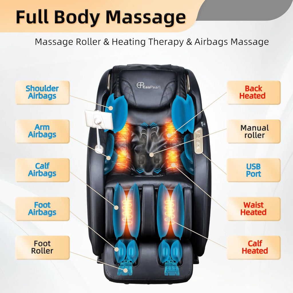 EASPEARL 2025 Massage Chair, 4D Full Body Zero Gravity Massage Chairs with APP, SL Track Shiatsu Stretch Massage Recliner Chair with Electric Footrest, Heat, Foot Rollers, Body Scan(Black)