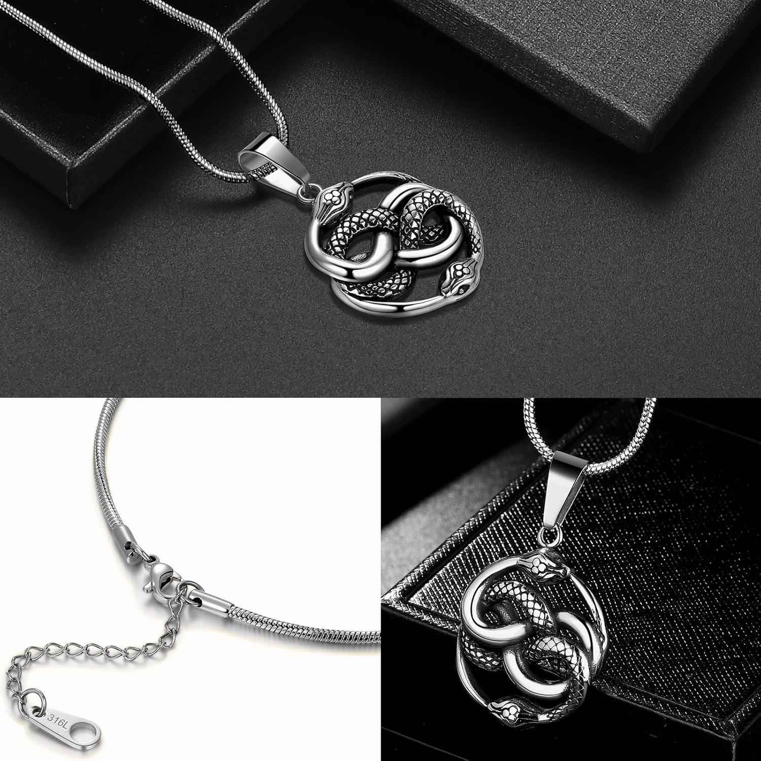 Hipunk Vintage Antique Infinity Snake Ouroboros Serpent Pendant Stainless Steel Necklace, Gothic Jewelry