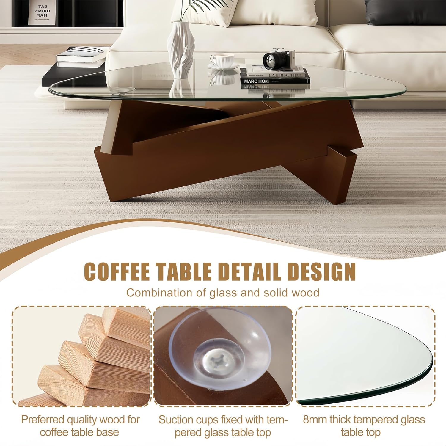 Walnut Triangle Coffee Table 35.5'' x 27.5'' x 15.7'' Modern Mid Century Glass Coffee Table Rustic Brown Solid Wood Center Table Funky Retro Vintage Tea Table for Living Room & Small Space