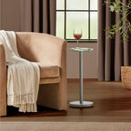 mDesign Glass Top Side/End Drink Table - Small Modern Round Accent Metal Nightstand Furniture for Living Room, Dorm, Home Office, and Bedroom - 9" Round - Clear/Soft Brass