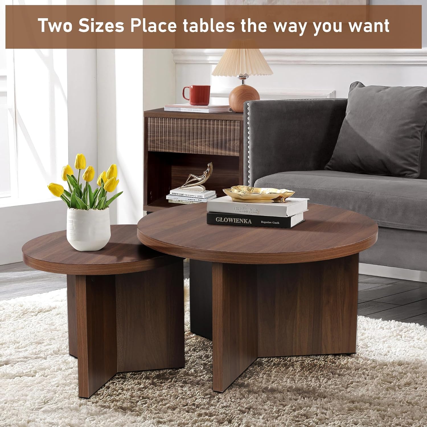 Round Nesting Coffee Tables Set of 2, Modern Stacking Table with Wood Grain Finish, End Table Side Tables for Living Room (Walnut)