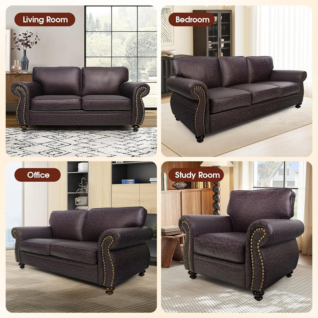 Mid-Century Vintage Sofa Couches with Rivet Design,loveseat Sofa,Removable Sofa Cover Upholstered Cushions and Solid Wood Frame (Brown, 3-Seater)