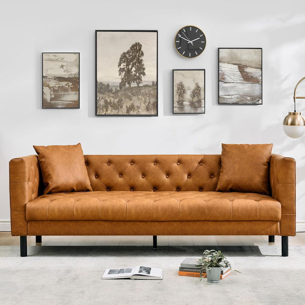 81 Inch Leather Couch for Living Room, Modern Leather Sofa with Deep Seat, Handmade Button Tufted 3 Seater Sofa, Chesterfield Couch for Apartment, Office, Cognac Tan