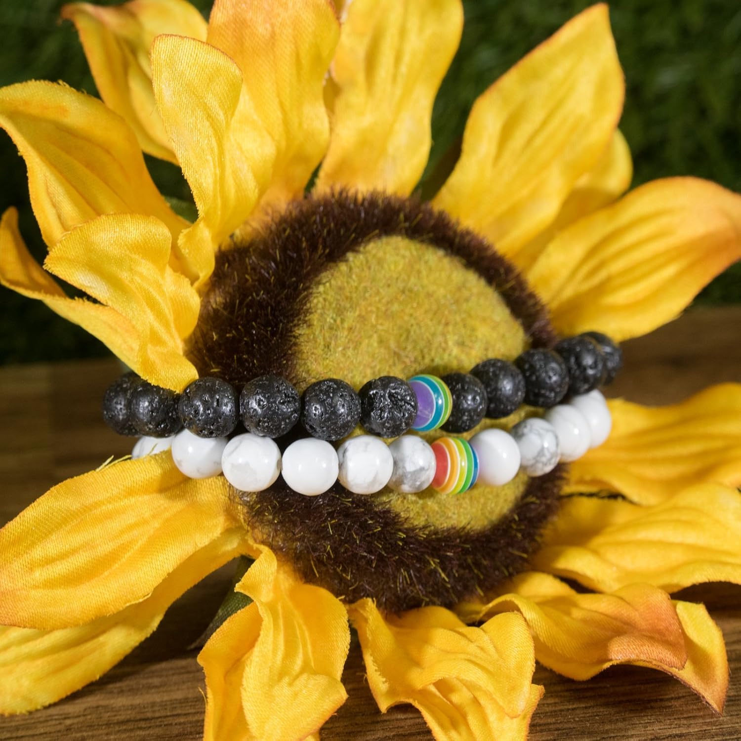 LGBT Relationship Bracelet | 2 Pieces | White Howlite, Black Matte Agate, Rainbow Resin | Oil Diffuser Beads | Gay Couples Strong Cord | Handmade | Love is Colorful