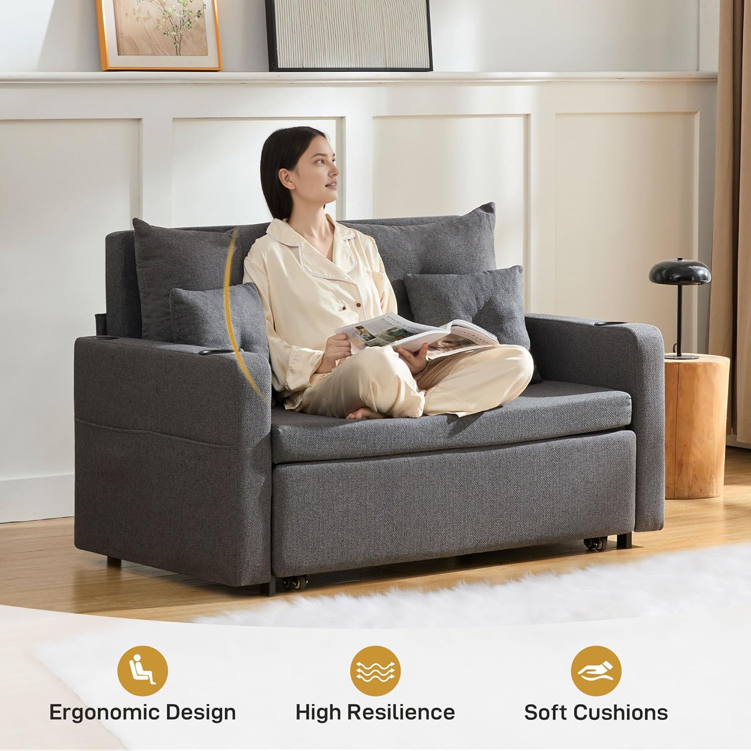 3 in 1 Convertible Sofa Bed, 56" Full Size Loveseat Sleeper Sofa Couch Bed, Sleeper Sofa Bed with Storage Pocket, USB, Comfy Pull Out Sofa Bed for Living Room, Bedroom, Small Space, Dark Grey