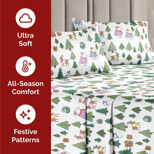 King Christmas Tree Sheet Set - Holiday Xmas Pattern Linen Set - Deep Pockets - Snug Fit - 4 Piece - Wrinkle Free - Comfy & Cooling Festive Winter Bedding - Easy To Care For - Kid Friendly