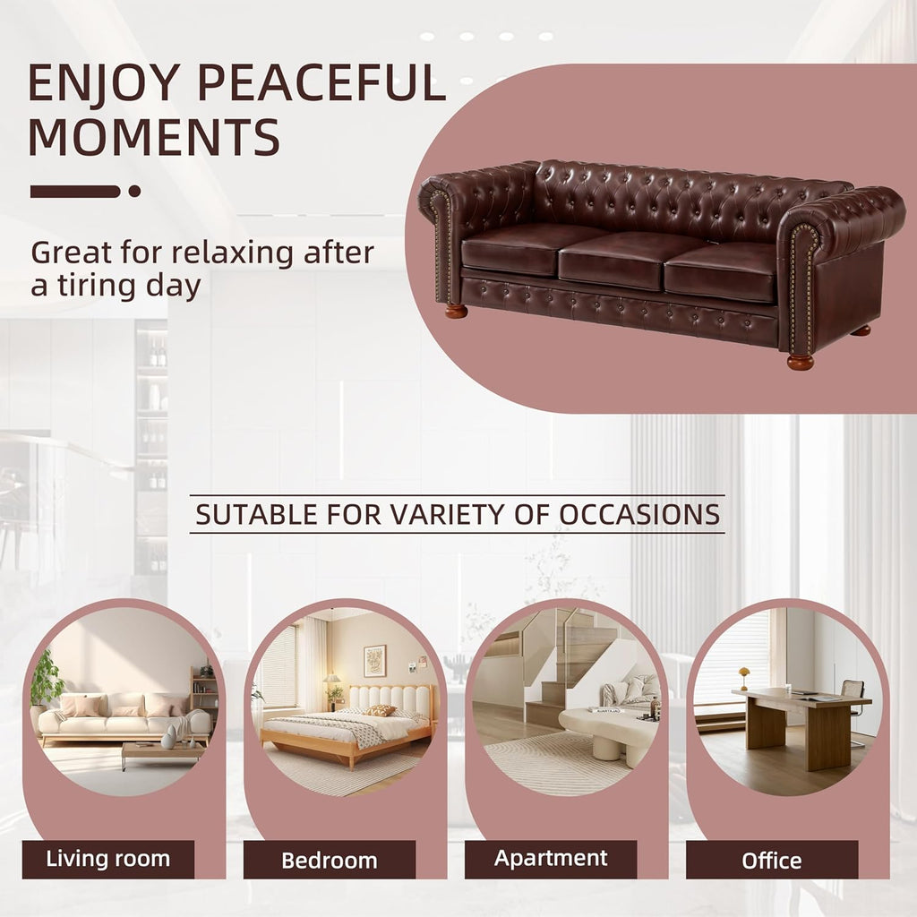 Chesterfield Leather Sofa, 89" Mid Century Modern Couch with Low Back, Roll Arm Nailhead Trim Classic 3 Seater Couch for Living Room, Office, Apartment, PU Burgundy