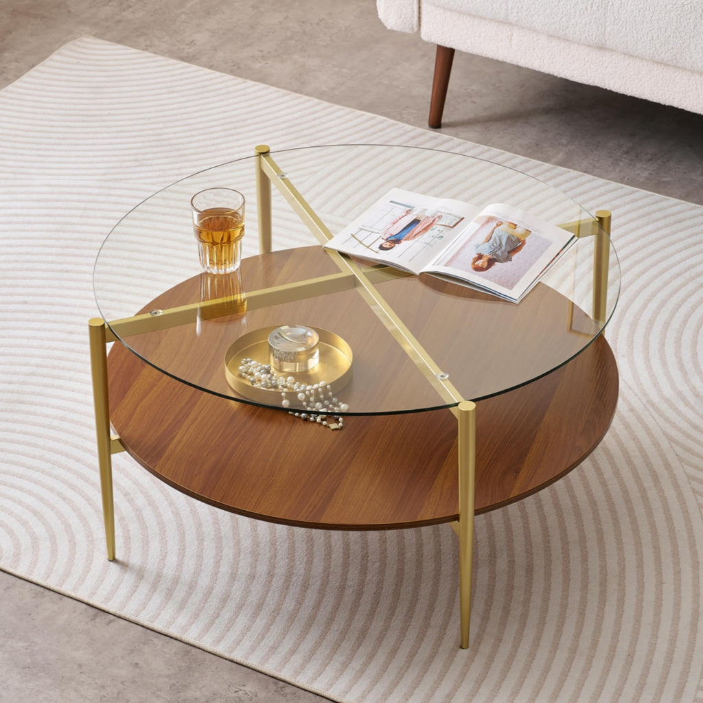 Round Coffee Table, Mid-Century Modern Design, D30 x H17, for Living Room, 2-Tier Structure, Amber Glass Top and Walnut MDF Shelf, Sleek Conical Metal Legs with Gold Finish