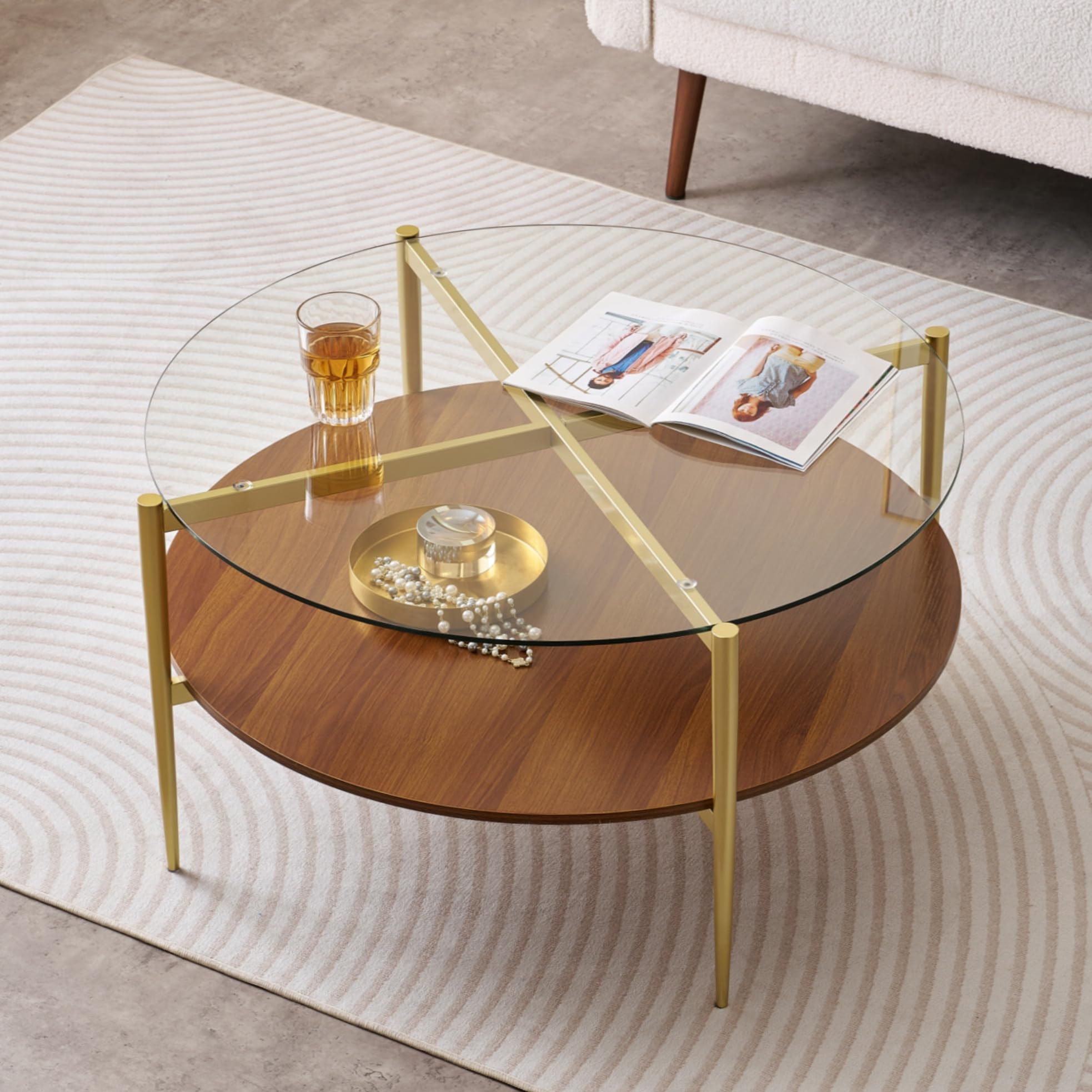 Extra Large Round Coffee Table, Mid-Century Modern Design, D34 x H17 in, for Living Room, 2-Tier Structure, Amber Glass Top and Walnut MDF Shelf, Sleek Conical Metal Legs with Gold Finish