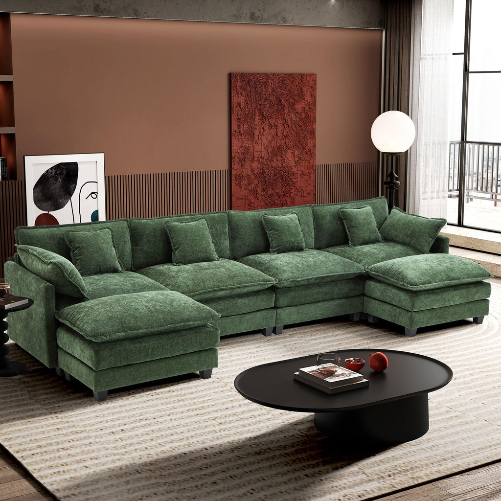 Ihanherry 146" U-Shaped Modern Sofa Modular Sectional Cloud Couch with 2 Ottoman, 6-Seat Chenille Deep Seat Sofa with 6 Pillows for Living Room, Bedroom and Apartment, Black