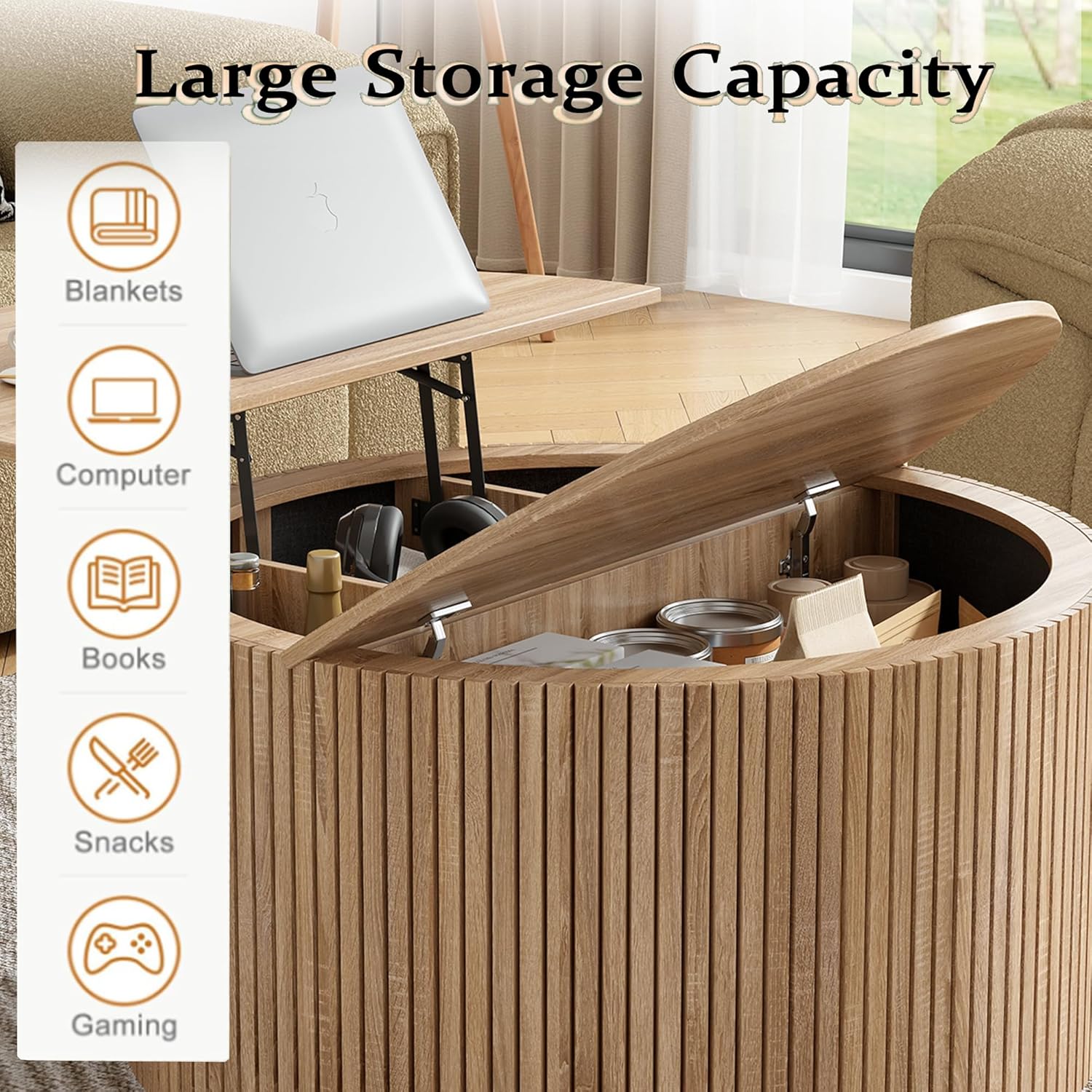 Round Fluted Lift Top Coffee Table, Mid Century Modern Center Table with Storage and Compartment, 2 Tier Small Circle Dining Table, for Living Room, Home Small Space, Natural