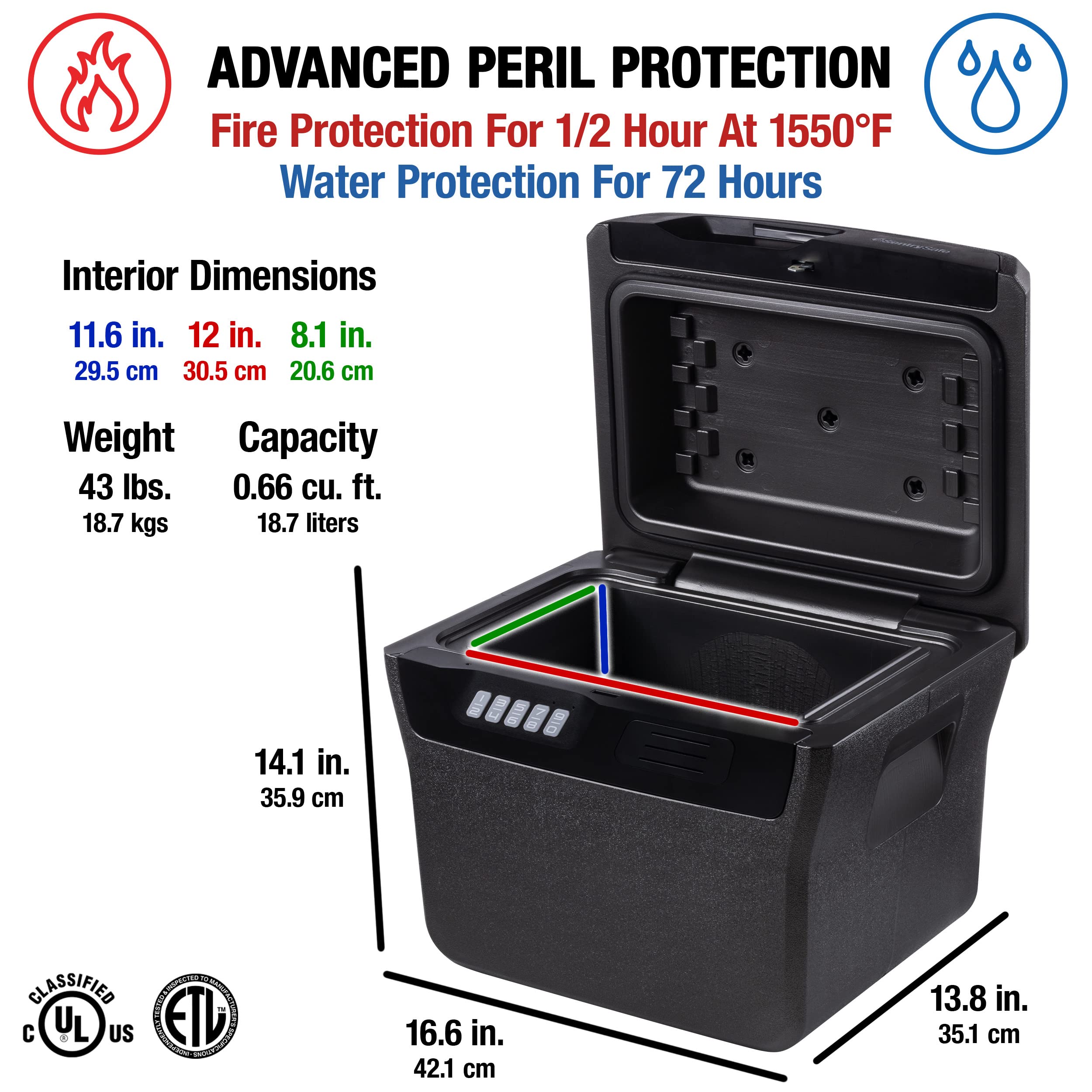 SentrySafe Kohlegrau wasserdichter und feuerfester Safe, Schließfach mit Tastatur für Dokumente und Hängemappen, Außenmaße: 14,1 x 16,6 x 13,8 Zoll, ‎FHW40300