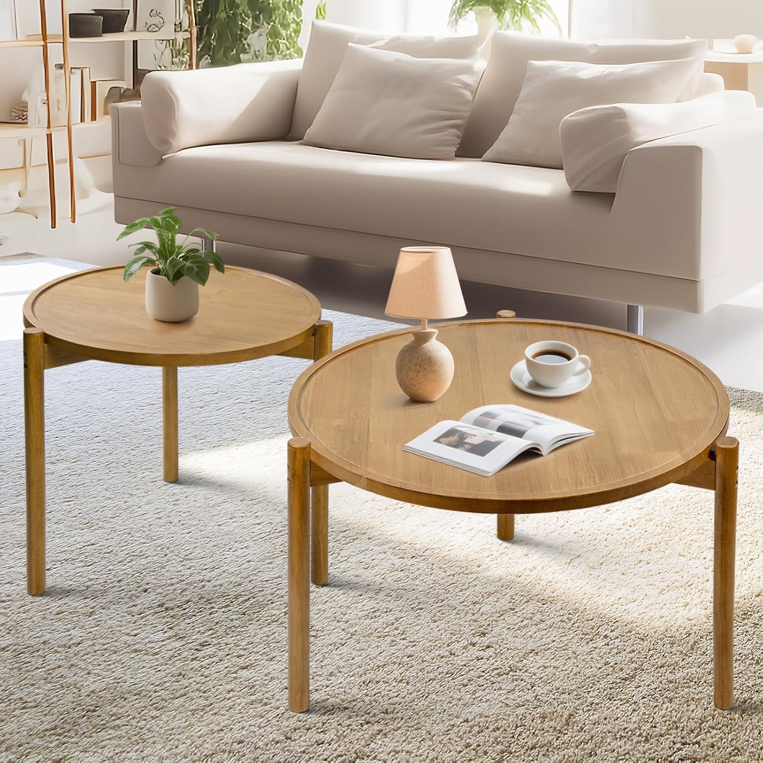 Wooden Round Nesting Coffee Tables Set of 2,Round End Table,Small Nesting Tables,Side Table,for for Living Room Bedroom Balcony by Solid Wood