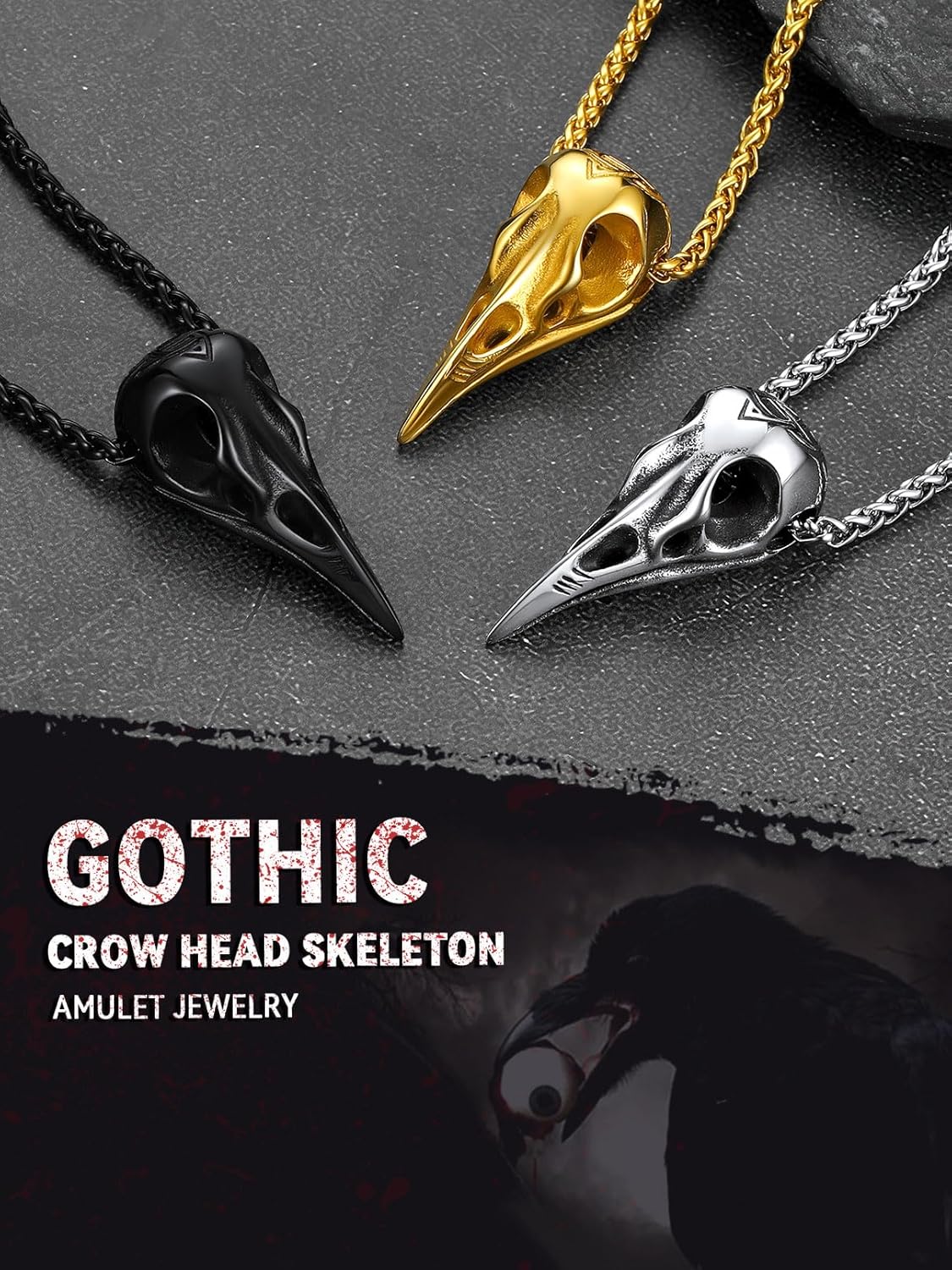 FaithHeart Viking Raven Necklace for Men, Norse Mythology Raven Skull Pendant Sturdy Stainless Steel Amulet Jewelry Gift for Men