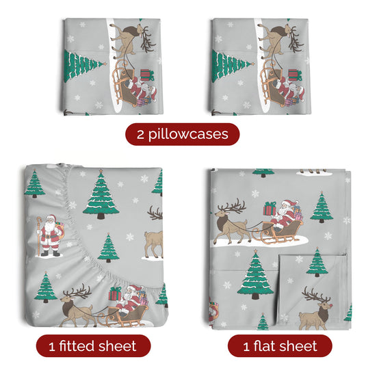 King Christmas Tree Sheet Set - Holiday Xmas Pattern Linen Set - Deep Pockets - Snug Fit - 4 Piece - Wrinkle Free - Comfy & Cooling Festive Winter Bedding - Easy To Care For - Kid Friendly