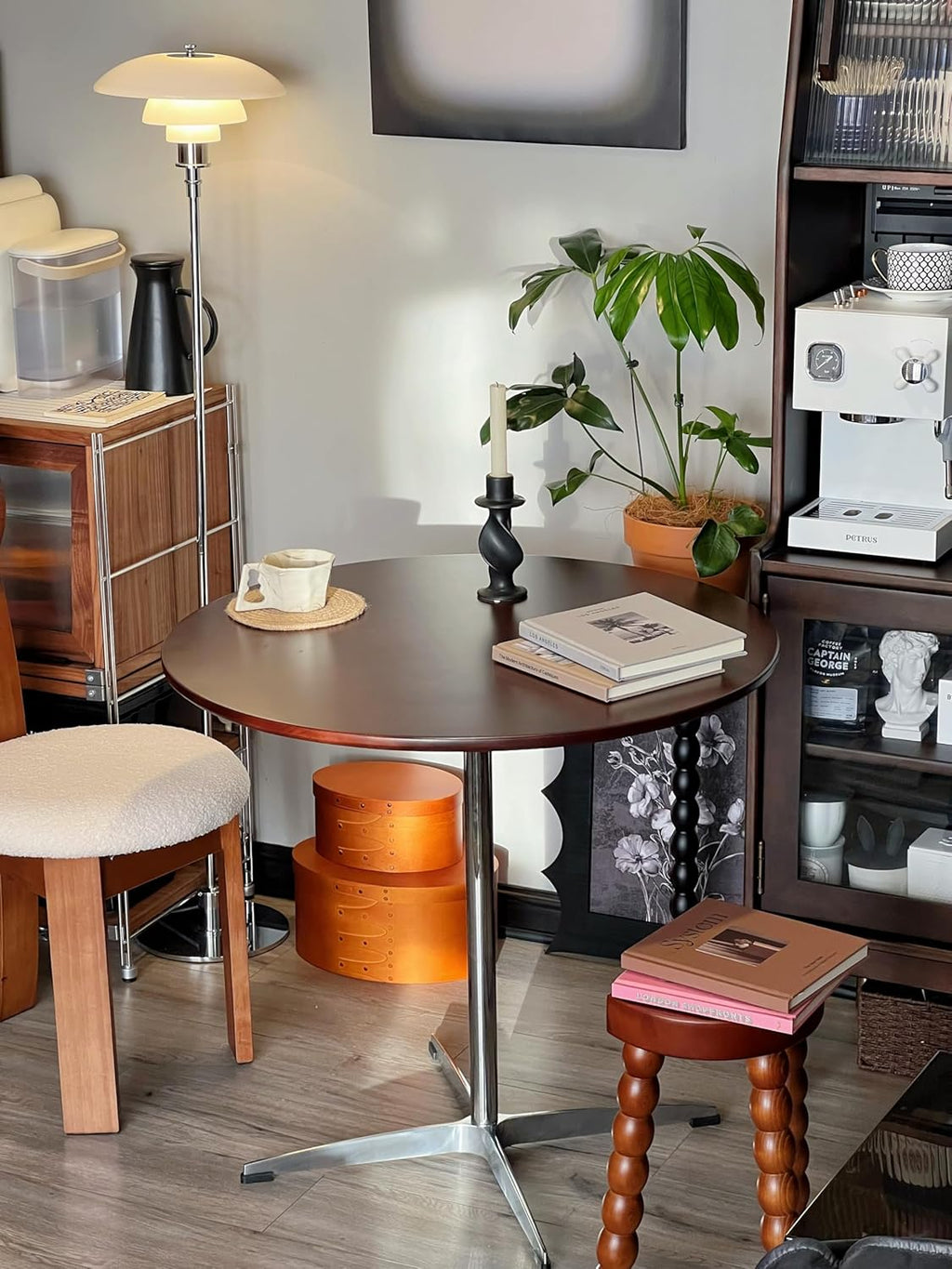 Dark Brown Round Solid Wood Dining Table Dining Furniture with Metal Crossed Base, 27.6" W Mid Century Modern Small Table Round for Office Small Coffee Table for 2-4