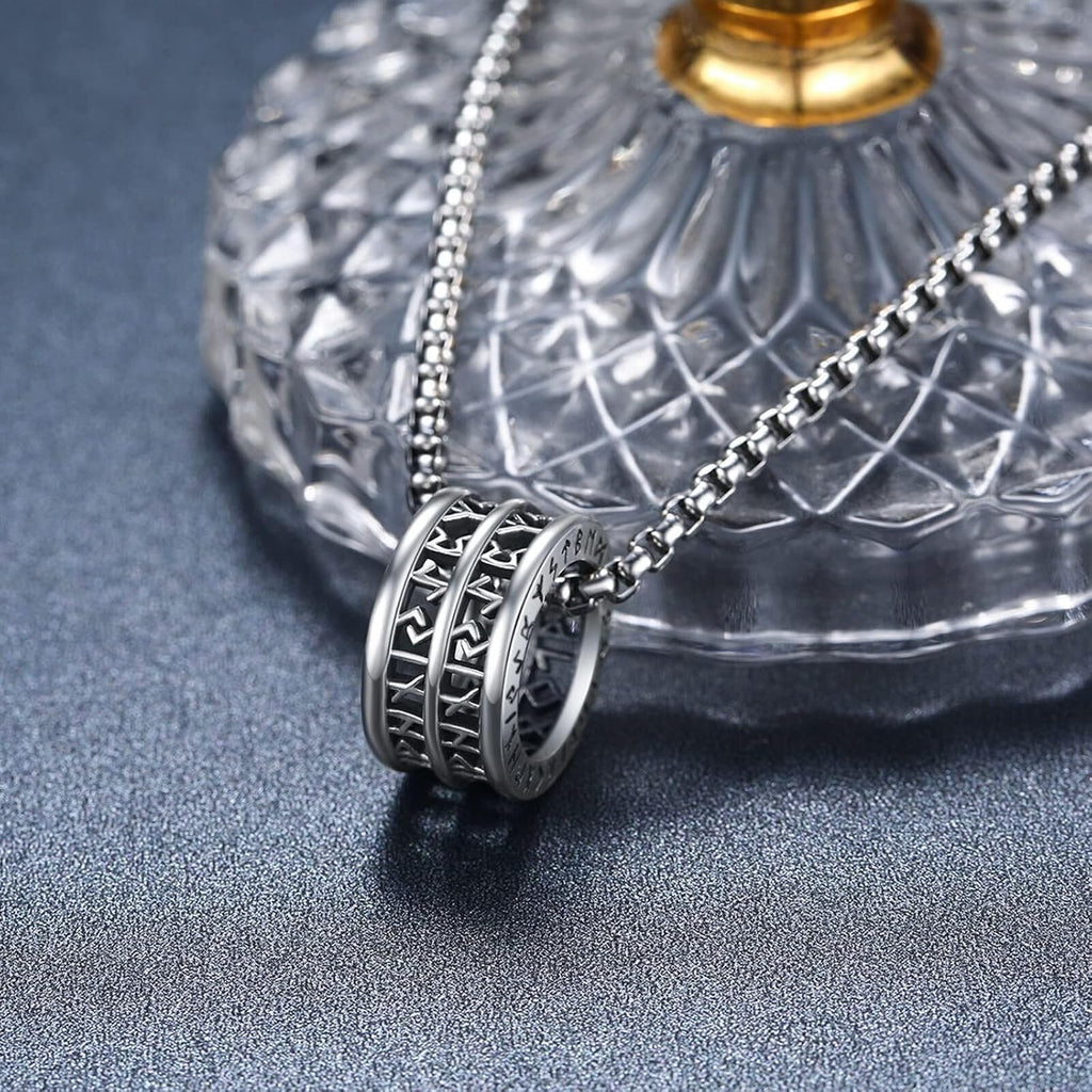 Viking Ring Necklace for Men 925 Sterling Silver Compass/Triquetra/Triskelion/Talisman/Rune/Valknut/Dragon/Odin Pendant Necklace Amulet Jewelry Gifts for Father Son Boyfriend Brother