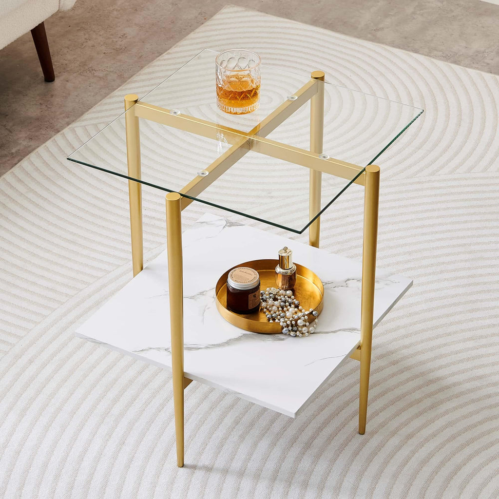 Round Coffee Table, Mid-Century Modern Design, D30 x H17, for Living Room, 2-Tier Structure, Amber Glass Top and Walnut MDF Shelf, Sleek Conical Metal Legs with Gold Finish