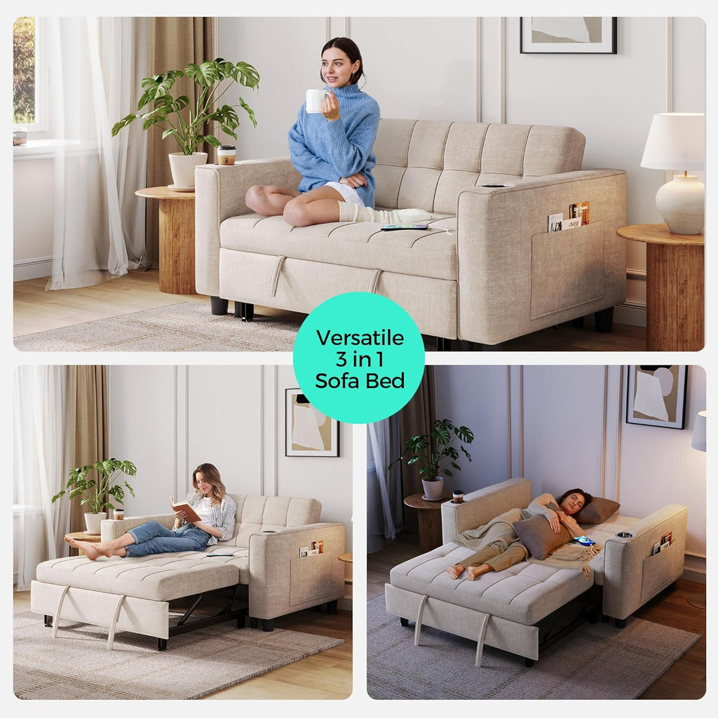 LINSY 3-in-1 Convertible Sofa Bed, Pull Out Sleeper Sofa with Charging Station & Cup Holder, Folding Loveseat with Side Pocket for Living Room, Apartment (Beige)