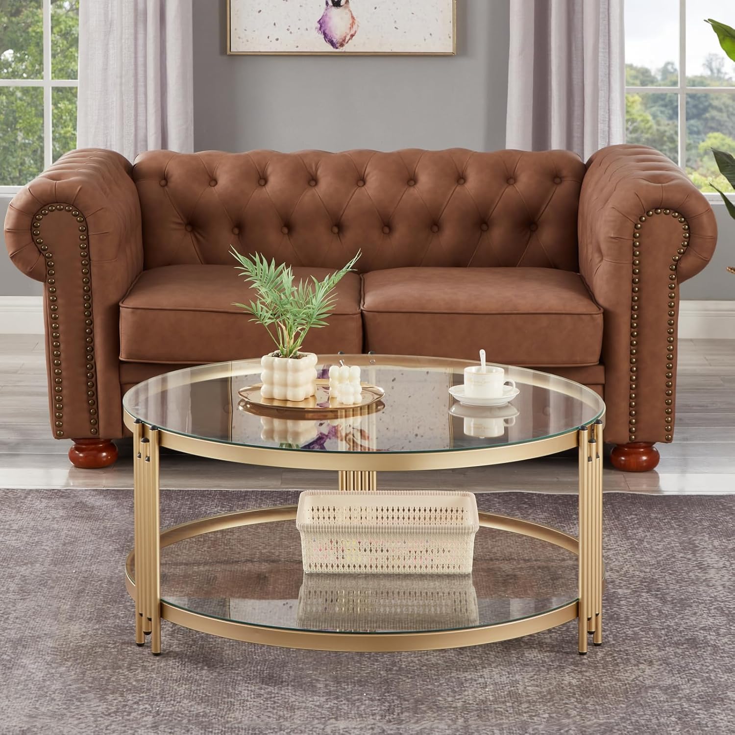 Gold Glass Coffee Table for Living Room, 36" Round Glass Coffee Table with Metal Frame, 2 Tier Circle Coffee Table for Home, Office, Apartment