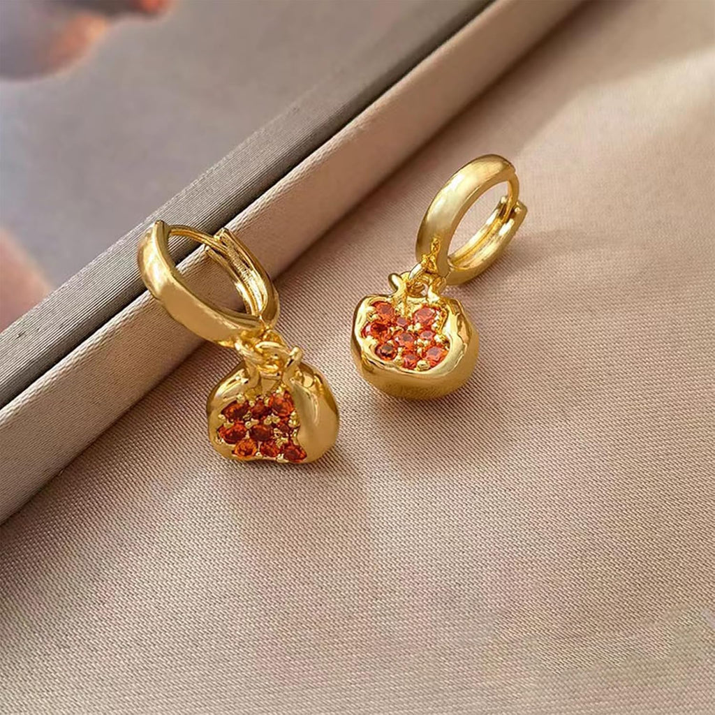 Pomegranate Earrings Necklace for Women 18k Gold Plated Cubic Zirconia Inlay Red Pomegranate Pendant Necklace Gold Hoop Earrings Jewelry Set