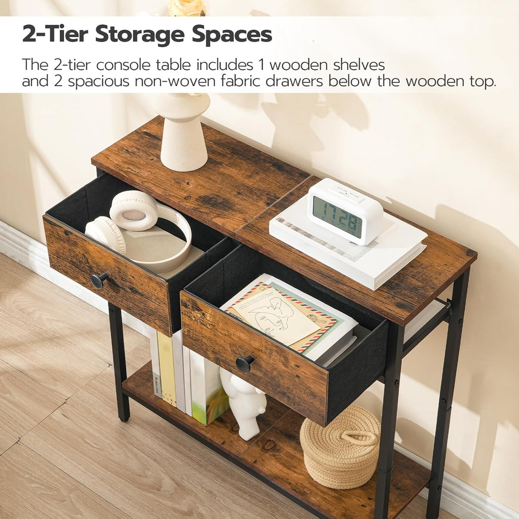 HOOBRO 29.5" Narrow Console Table with 2 Fabric Drawers, Small Entryway Table with 2-Tier Storage Shelves, Sofa Table, Behind Couch Table, for Living Room, Hallway, Rustic Brown and Black BF71XG01