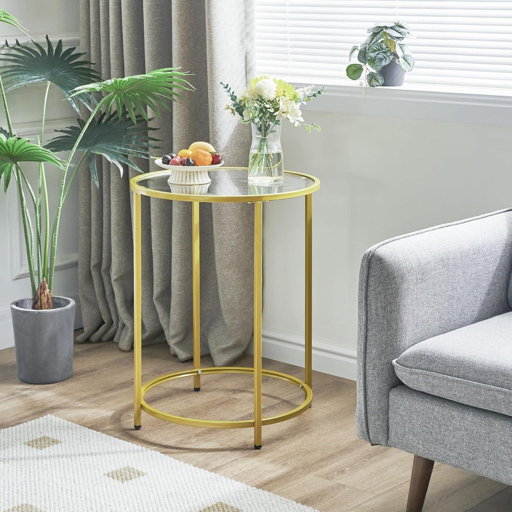 YMYNY Round End Table, Tempered Glass Sofa Side Table, Gold Coffee Table for Office Bedroom Living Room, Metal Frame, Modern Decor, 19.7D*18.5D*25.6''H, UHGD020G
