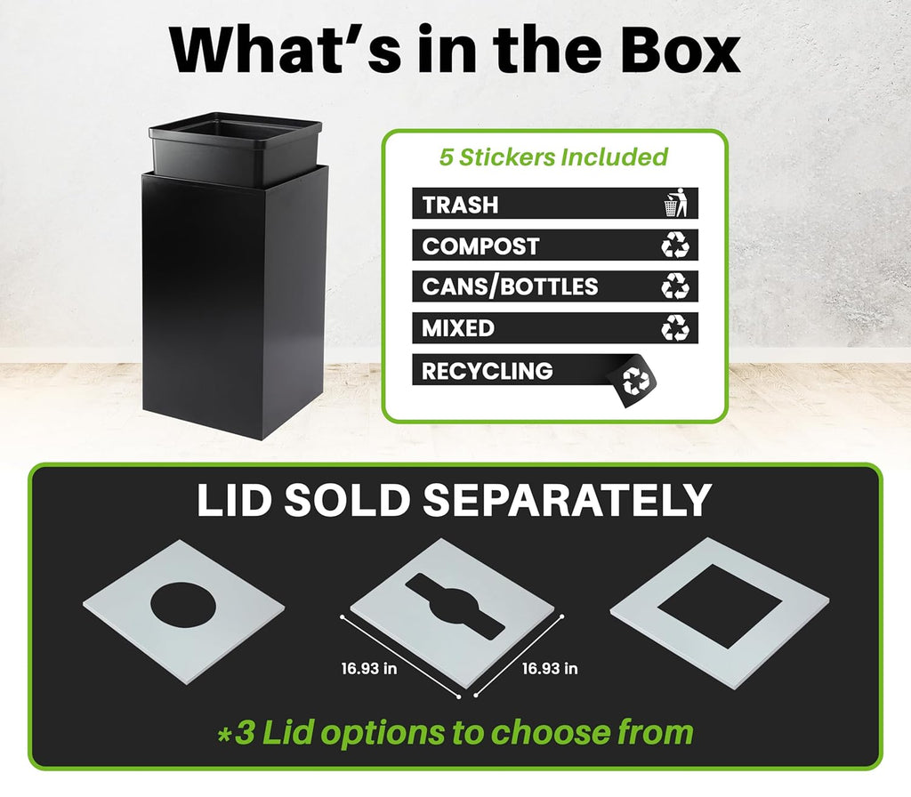Alpine Commercial Indoor Recycle Bin - 29 Gallon Modern Looking Black Recycle Bin, Office Recycling Bins, Metal Trash and Recycling Container with Stickers & 3 Optional Lids (lid Sold Separately)