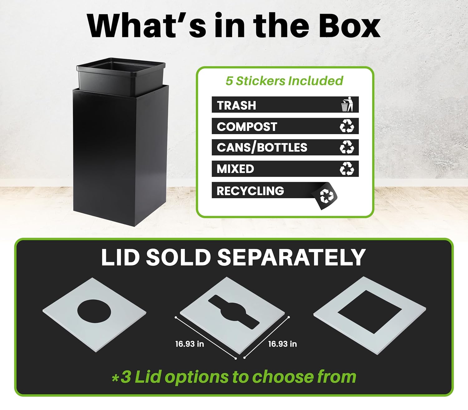 Alpine Commercial Indoor Recycle Bin - 29 Gallon Modern Looking Black Recycle Bin, Office Recycling Bins, Metal Trash and Recycling Container with Stickers & 3 Optional Lids (lid Sold Separately)