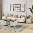 Farmhouse Table Set of 3, Coffee Table with Sliding Barn Doors, End Tables Set of 2 with Charging Station for Living Room & Bedroom, Sliding Barn Doors, 2 Tiers Storage Drawer, Antique White