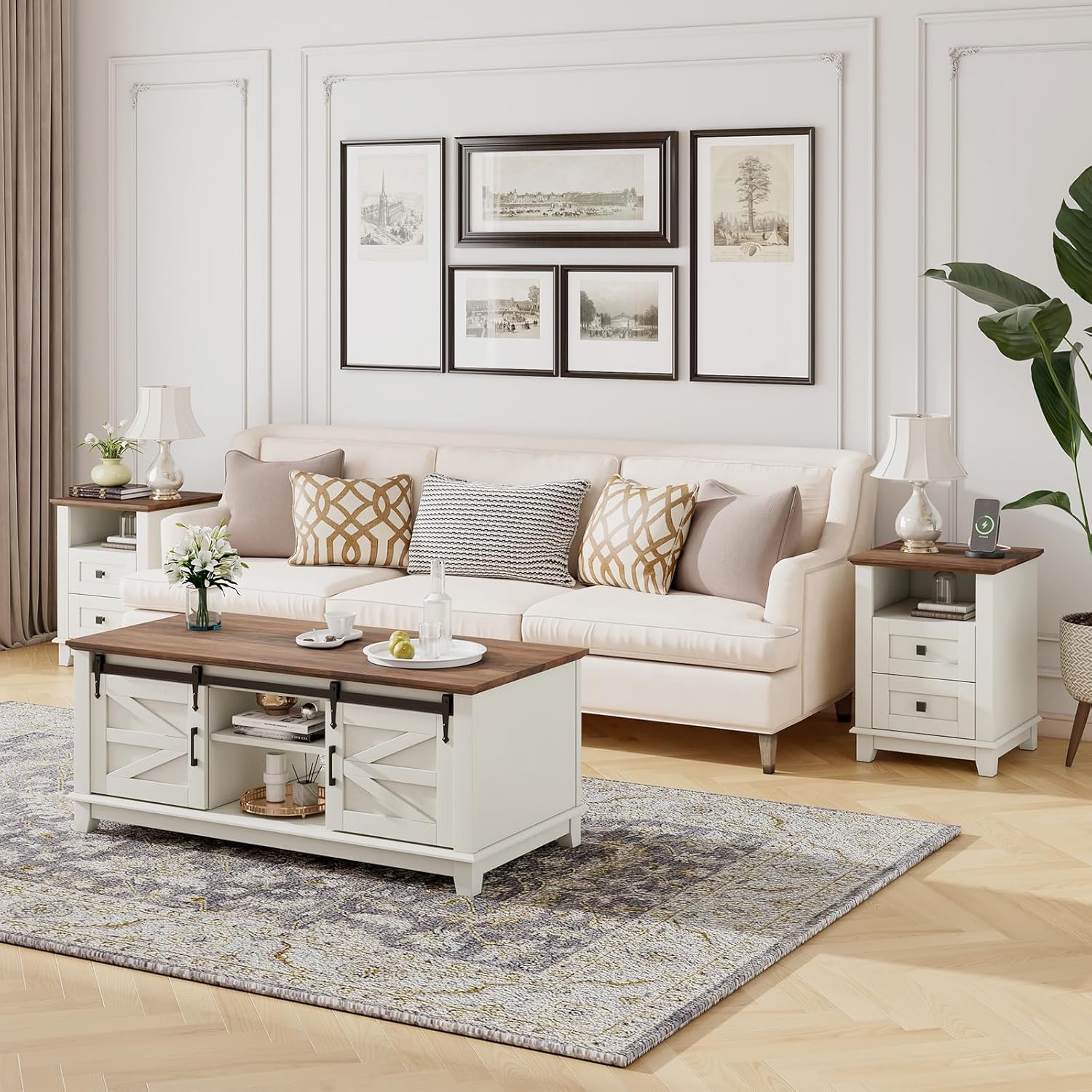 Farmhouse Table Set of 3, Coffee Table with Sliding Barn Doors, End Tables Set of 2 with Charging Station for Living Room & Bedroom, Sliding Barn Doors, 2 Tiers Storage Drawer, Antique White