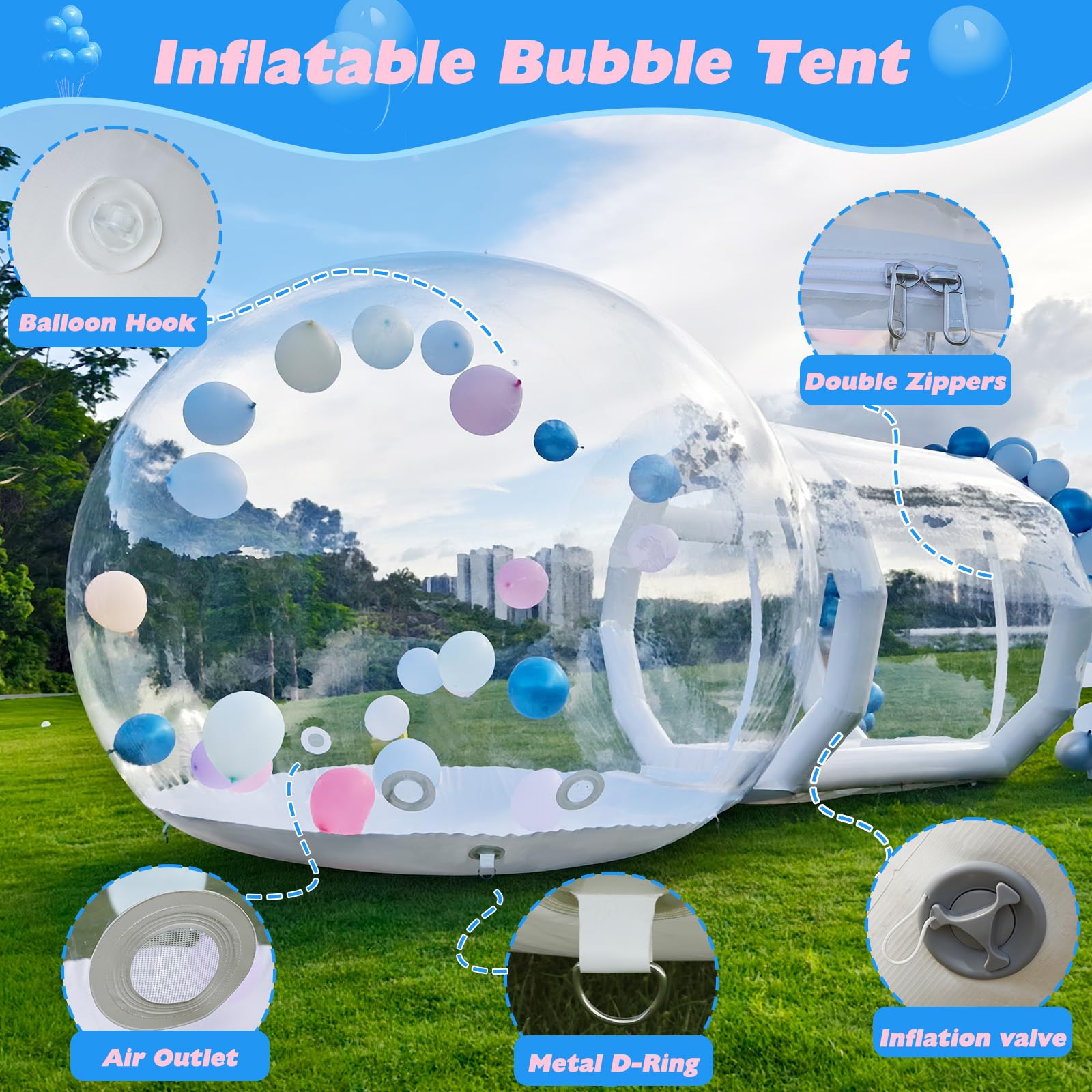 8FT Inflatable Bubble House for Kids, Clear PVC Bubble Balloon House with Tunnel, Air Blower, 600W Air Pump Transparent Bubble House Dome Inflatable for Party, Yard Decoration