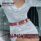 SANSTHS Women Rhinestone Belt for Jeans, Western Cowgirl Bling Studded Belt Faux Crocodile Grain Leather, Red S