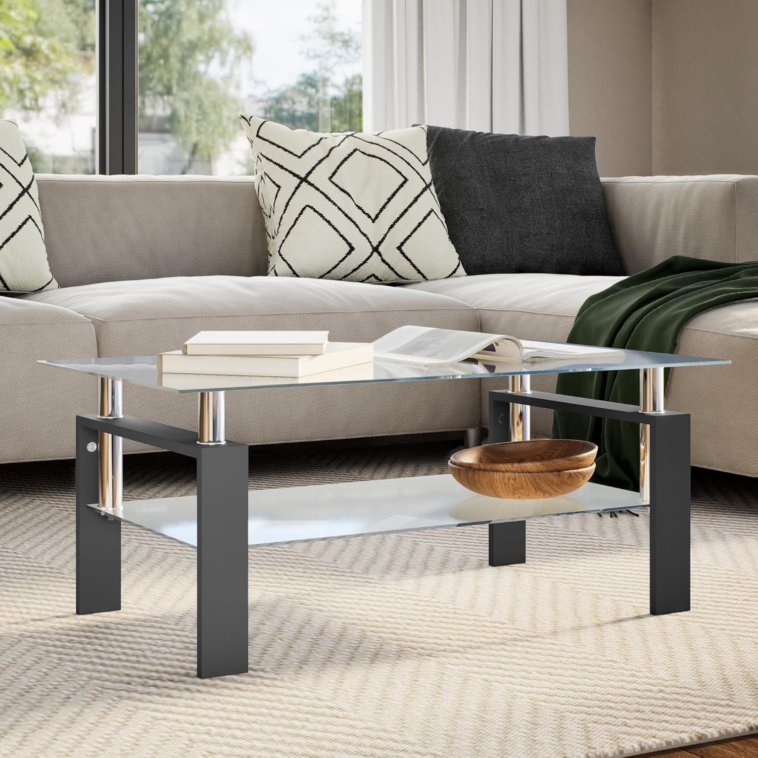 vidaXL Coffee Table with Black Melamine Frame and Tempered Glass Top, Side Table for Living Room, 37.4''x21.7''x15.7'', Black and Transparent