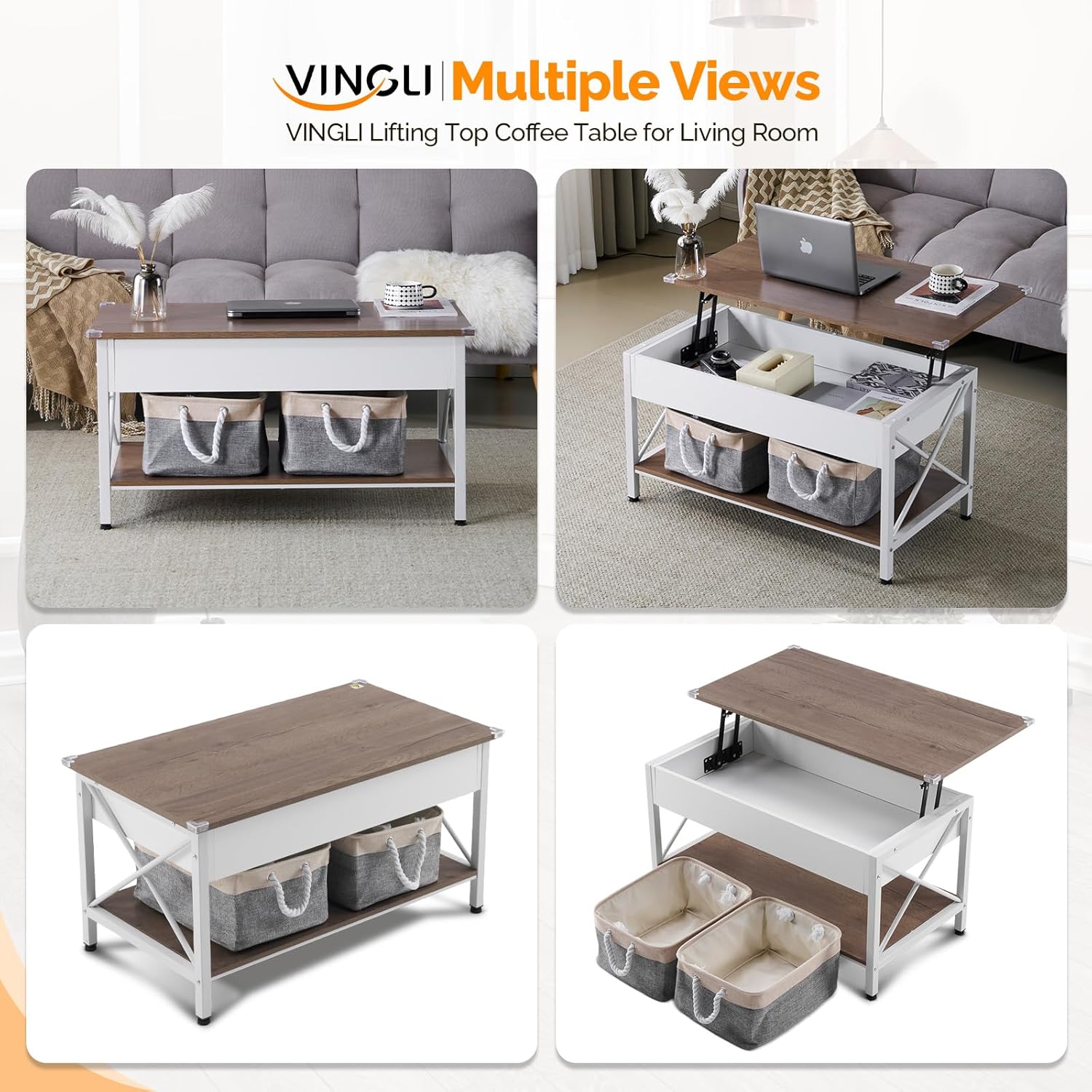 VINGLI 36" Lift Top Coffee Table with Free Cloth Storage Bins, White Walnut Framhouse Coffee Tables for Living Room, Small Modern Coffee Table for Small Space in Minimalistic Style, Dark Walnut