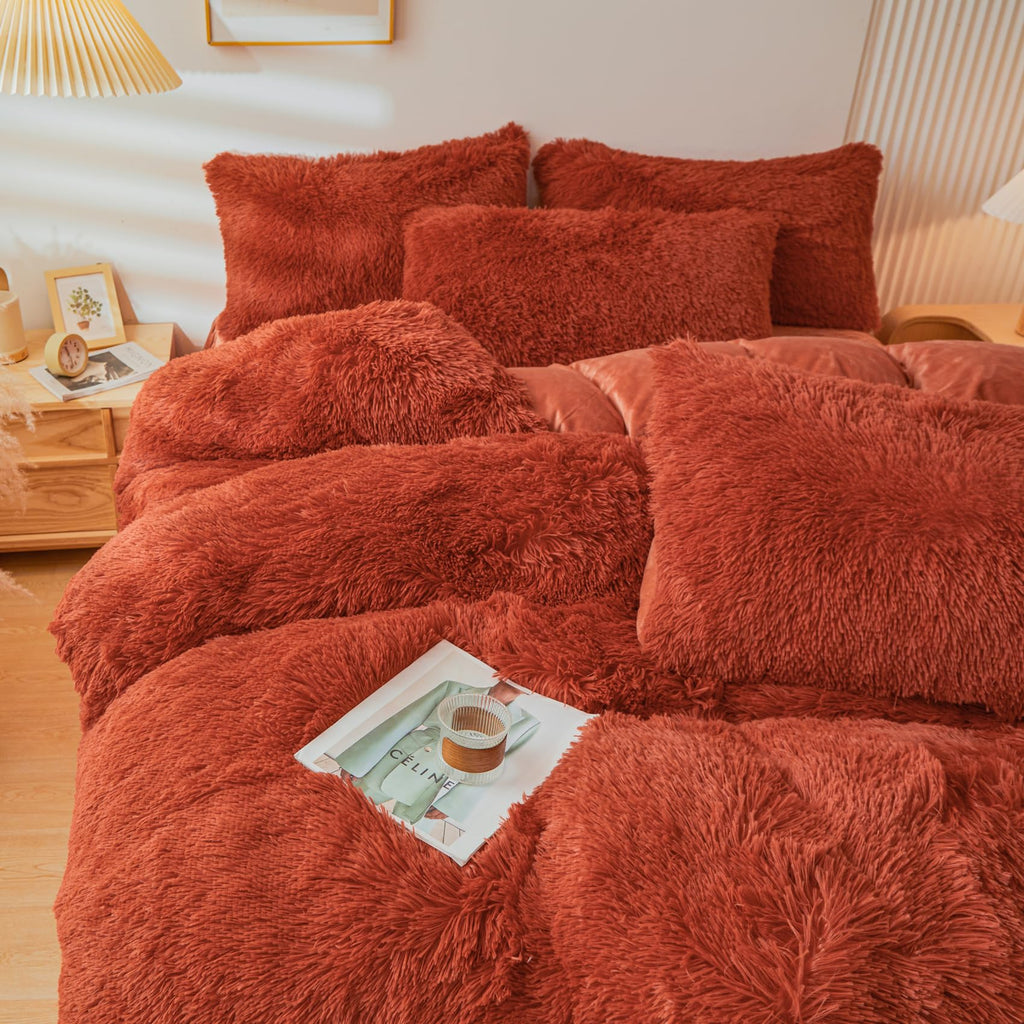 Fluffy Pink Faux Fur Comforter Cover Set，Fluffy Fuzzy Plush Pink Bedding 3Pcs (1 Faux Fur Duvet Cover +2 Fuzzy Pillowcases) Pink Fluffy Bed Set (Pink, Queen)