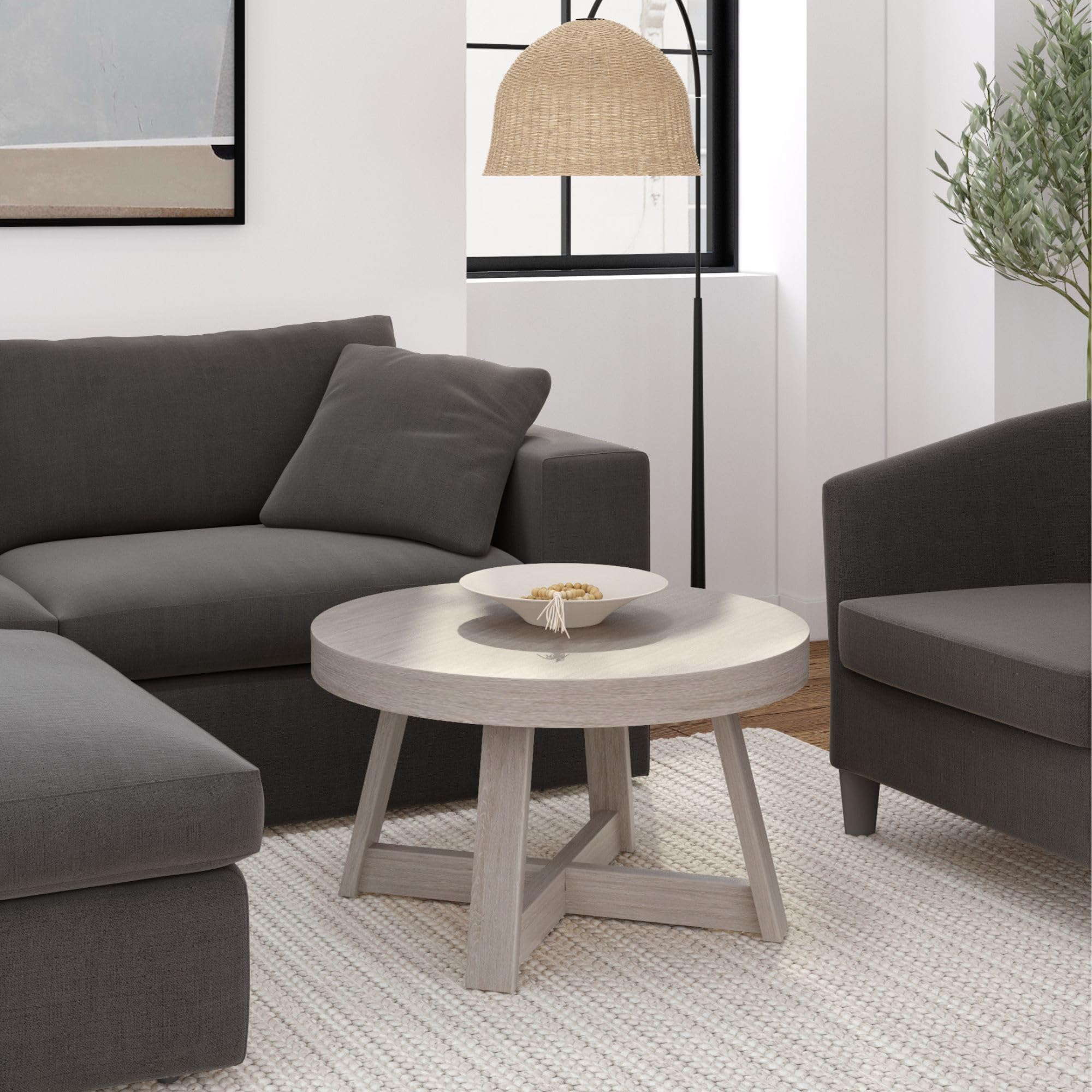 Plank+Beam Classic Round Coffee Table, 30 Inch Farmhouse Coffee Table, Rustic Mini Center Tables for Small Spaces, Small Living Space Tea Table, Pecan Wirebrush