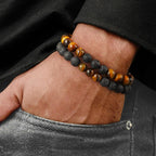 M MOOHAM Natural Stone Bracelets for Men - 8mm Tiger Eye, Matte Agate, Lava Rock - Teen Boys Gifts for Birthday, Anniversary, Christmas