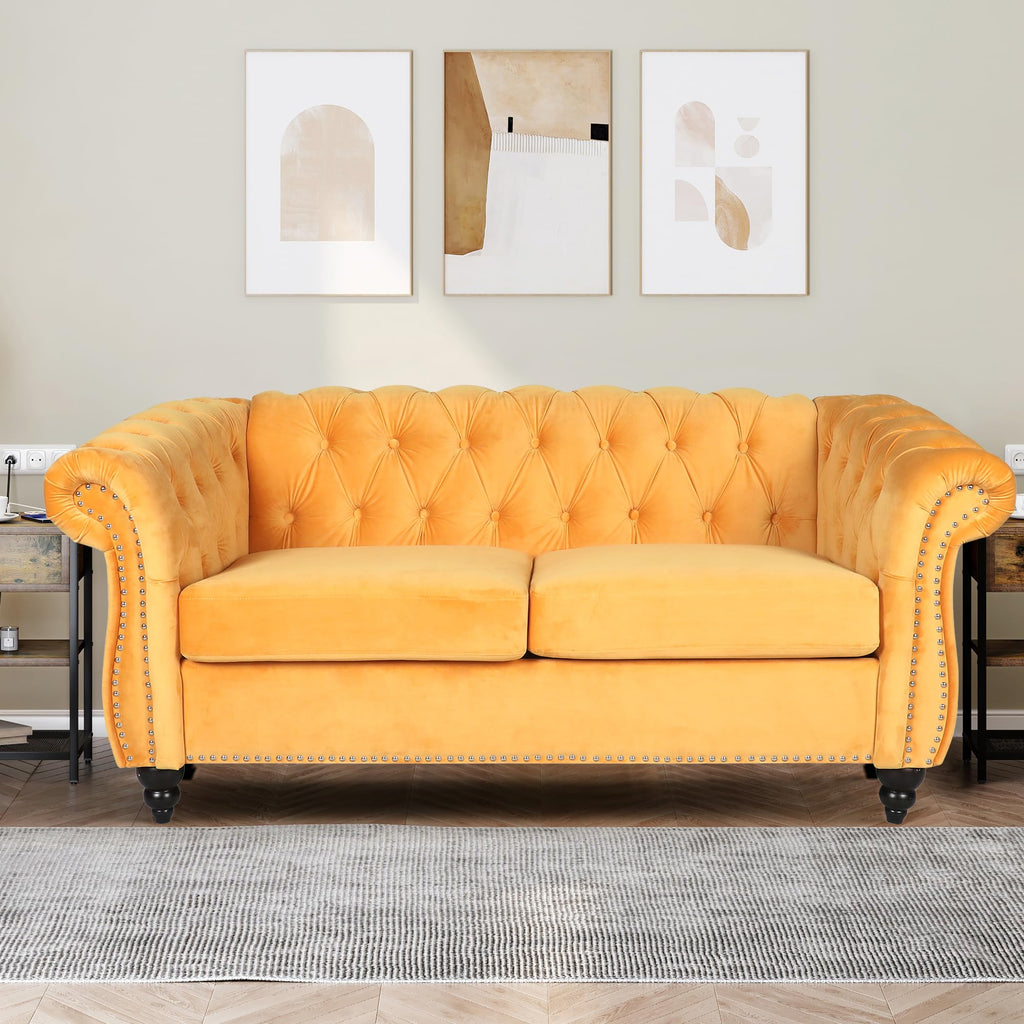 Home Sofa Living Room Furniture, 3 Seater 84" Velvet Upholstered Couch, Mid Century Modern Comfy Couch with Cushions, Classic Tufted Chesterfield Couches for Bedroom, Office, Apartment (Orange)