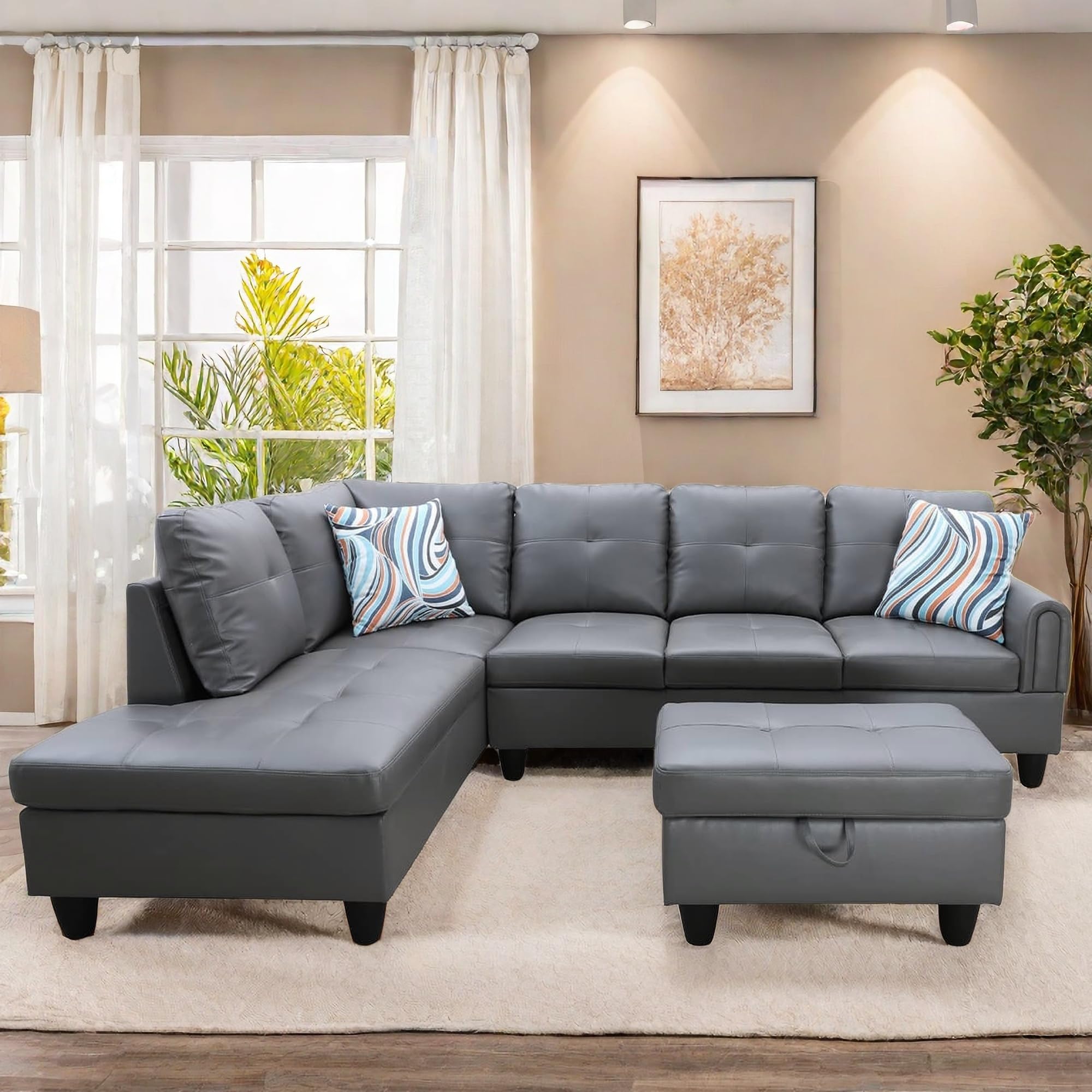 Leather Sectional Couch, Modern L Shaped Couches for Living Room, Comfy 4 Seat Modular Sectional Sofa with Ottoman Storage for Bedroom Apartment, Black