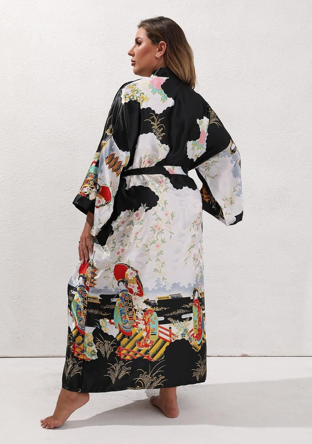 Women's Floral Long Satin Robes Plus Size Long Silk Robes Peacock Floral Kimonos Sleepwear Dressing Gown