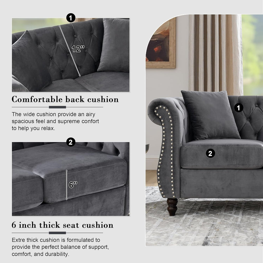 59" Chesterfield Loveseat Velvet Sofa for Living Room,2-Seater Sofa Tufted Couch with Two Pillows,Rolled Arms and Nailhead for Living Room, Bedroom, Office Grey